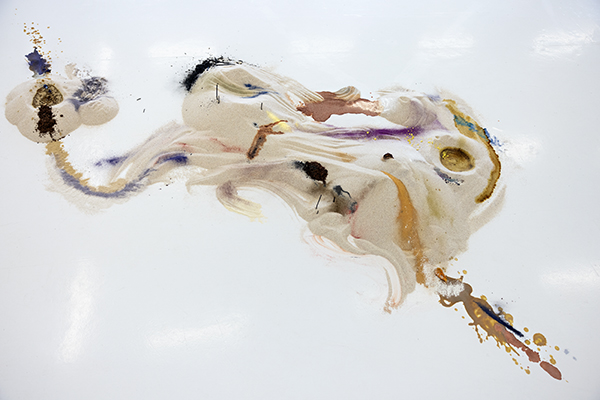 Collaborative work made of aquarium sand and color pigments extracted from natural materials: blueberry, sage, red cabbage, Christmas tree, pink and yellow tulips, walnuts, madder roots, black tee, charcoal and mineral pigments collected as stones aroun Finland. Artists: Inga Meldere, Ieva Putniņa, Elīna Vītola and Aino Lintunen